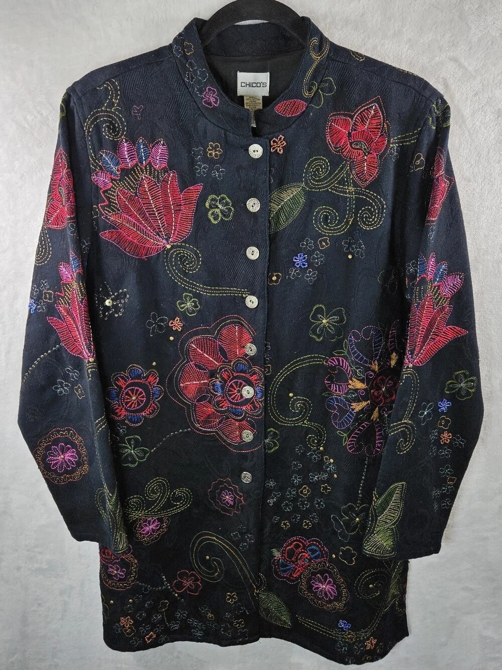 Chico's Blazer Jacket Floral Embroidered Black Women's Size Medium